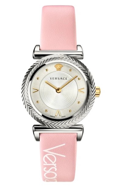 Shop Versace V Motif Leather Strap Watch, 35mm In Pink/ White/ Silver