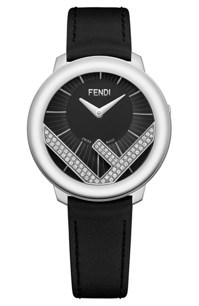 Shop Fendi Run Away Diamond Leather Strap Watch, 36mm In Black/ Black