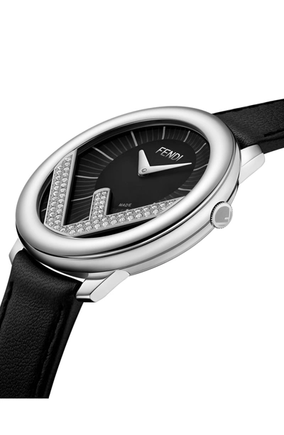 Shop Fendi Run Away Diamond Leather Strap Watch, 36mm In Black/ Black
