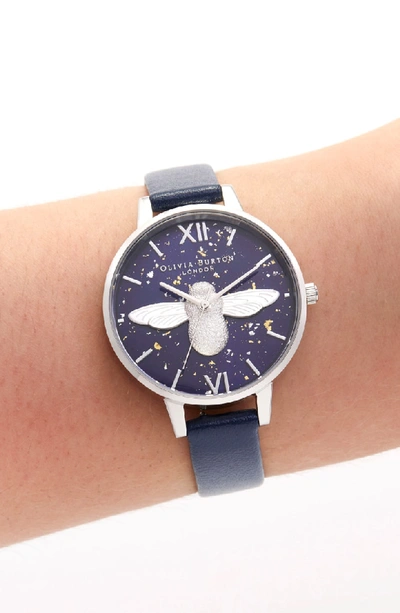 Shop Olivia Burton Celestial Bee Leather Strap Watch, 34mm In Blue/ Silver