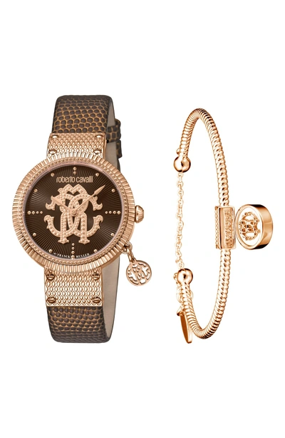 Shop Roberto Cavalli By Franck Muller Dotted Leather Strap Watch, 34mm In Brown/ Rose Gold