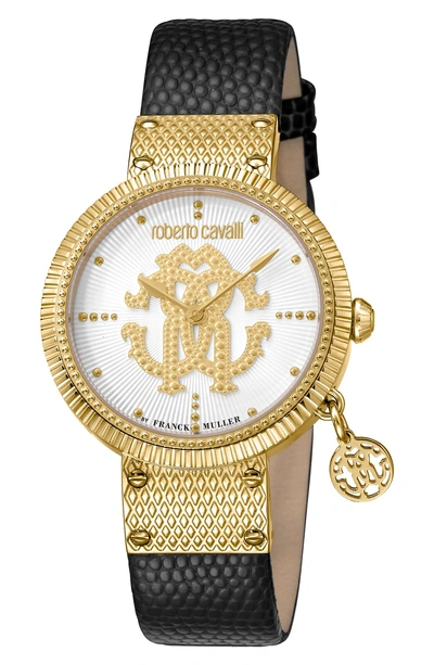 Shop Roberto Cavalli By Franck Muller Dotted Leather Strap Watch, 34mm In Black/ Silver/ Gold