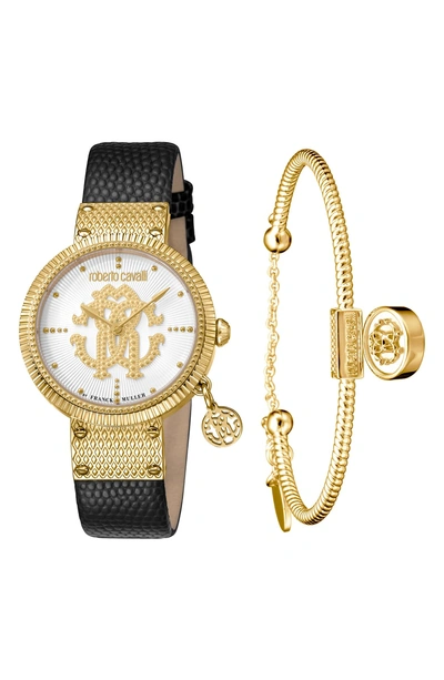 Shop Roberto Cavalli By Franck Muller Dotted Leather Strap Watch, 34mm In Black/ Silver/ Gold