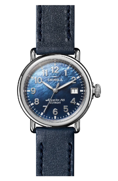 Shop Shinola The Runwell Leather Strap Watch, 36mm In Ocean/ Blue Mop/ Silver