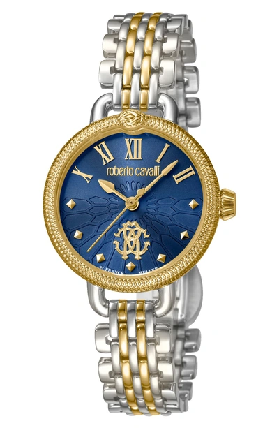 Shop Roberto Cavalli By Franck Muller Floreale Bracelet Watch, 30mm In Gold/ Dark Blue/ Silver