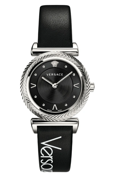 Shop Versace V Motif Leather Strap Watch, 35mm In Black/ Silver