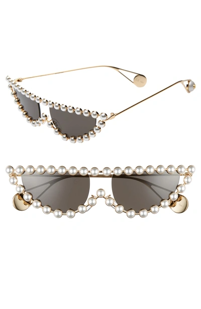 Shop Gucci 53mm Crystal Embellished Cat Eye Sunglasses - Gold/ Pearls W/ Solid Grey