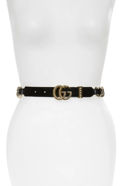 Shop Gucci Textured Gg Chain & Leather Skinny Belt In Nero
