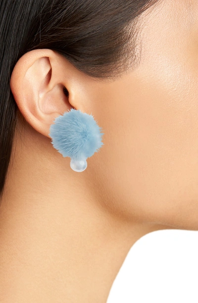 Shop Wild And Woolly Saga Genuine Mink Fur Pom & Imitation Pearl Earrings In Sky Blue