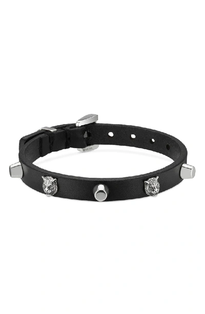 Shop Gucci Feline Head Stud Leather Bracelet In Black