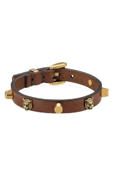 Shop Gucci Feline Head Stud Leather Bracelet In Brown