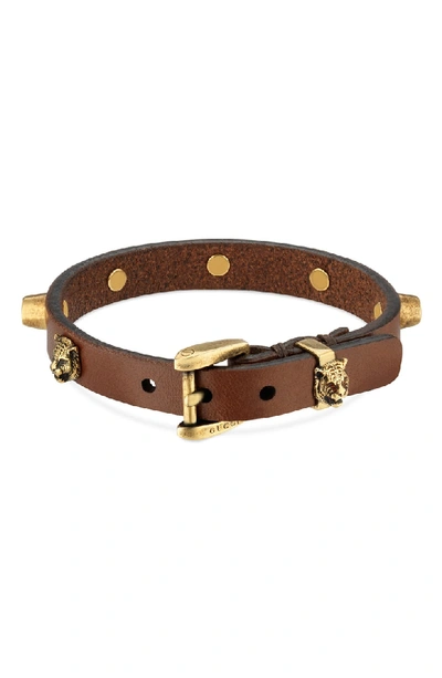 Shop Gucci Feline Head Stud Leather Bracelet In Brown