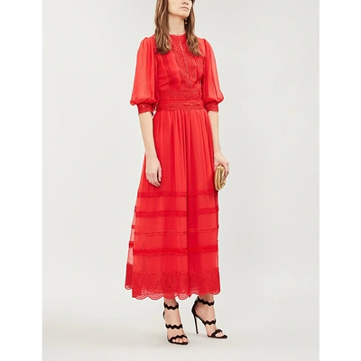 Shop Costarellos Lace-panelled Blouse-sleeve Chiffon Midi Dress In Red