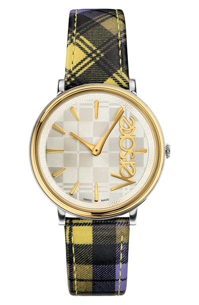 Shop Versace V Circle Clans Edition Leather Strap Watch, 38mm In Tartan Yellow/ Silver/ Gold