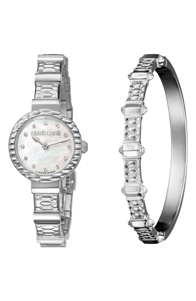 Shop Roberto Cavalli By Franck Muller Scala Diamond Bracelet Watch, 26mm In Silver/ White Mop/ Silver