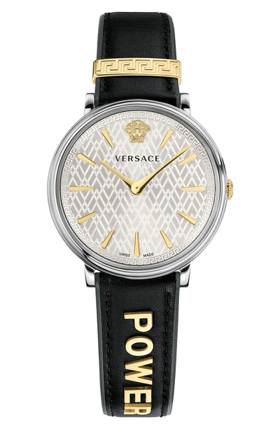 Shop Versace Manifesto Leather Strap Watch, 38mm In Black/ Silver/ Gold