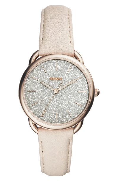 Shop Fossil Tailor Glitter Dial Leather Strap Watch, 35mm In Grey/ Pink
