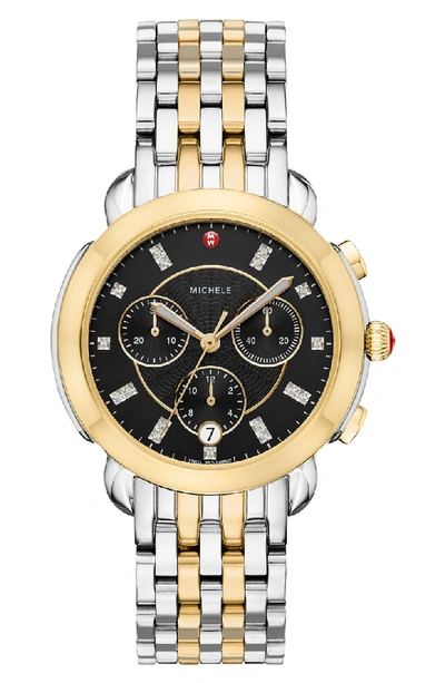 Sidney Two tone Mother of pearl Diamond Chronograph Watch Head 38mm In Gold Black Mop Silver
