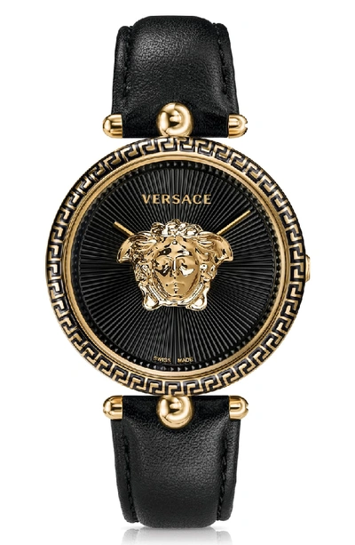 Shop Versace Palazzo Empire Leather Strap Watch, 39mm In Black/ Gold