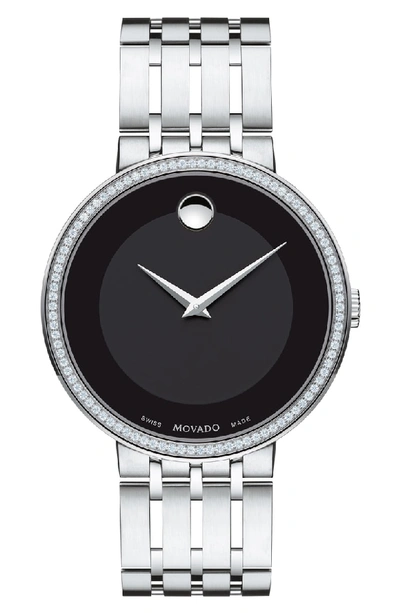 Shop Movado Esperanza Diamond Bezel Bracelet Watch, 39mm In Silver/ Black/ Silver