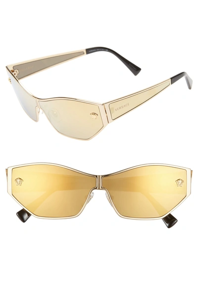 Shop Versace 66mm Shield Sunglasses - Gold Mirror