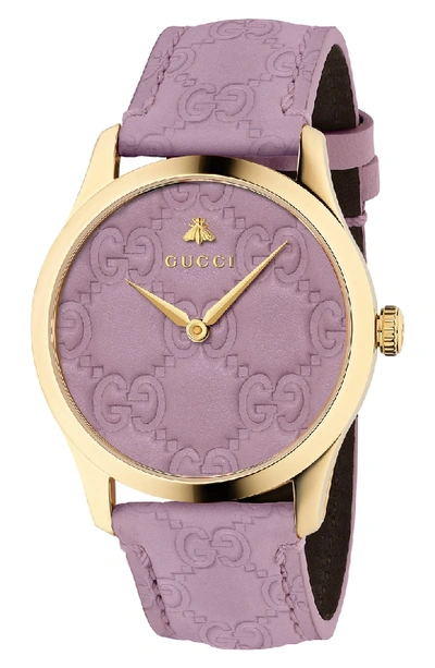 Shop Gucci G-timeless Logo Leather Strap Watch, 38mm In Purple/ Gold