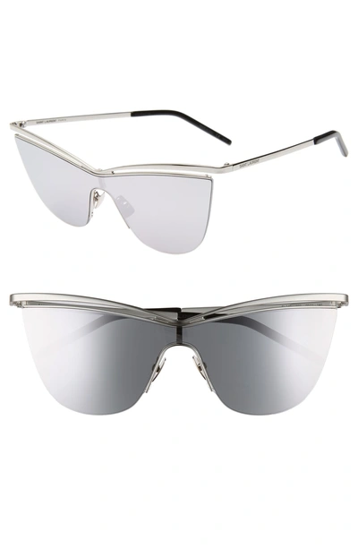 Shop Saint Laurent 134mm Cat Eye Shield Sunglasses - Silver/ Silver