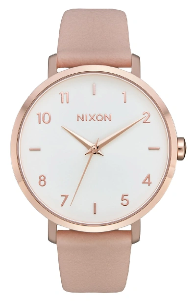 Shop Nixon The Arrow Leather Strap Watch, 38mm In Pink/ White/ Rose Gold