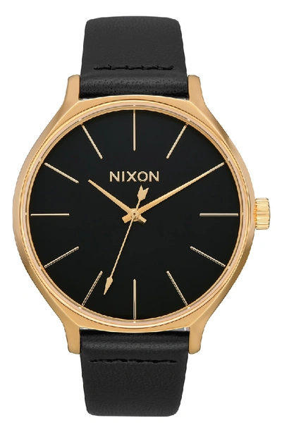 Shop Nixon The Clique Leather Strap Watch, 38mm In Black/ Gold/ Black