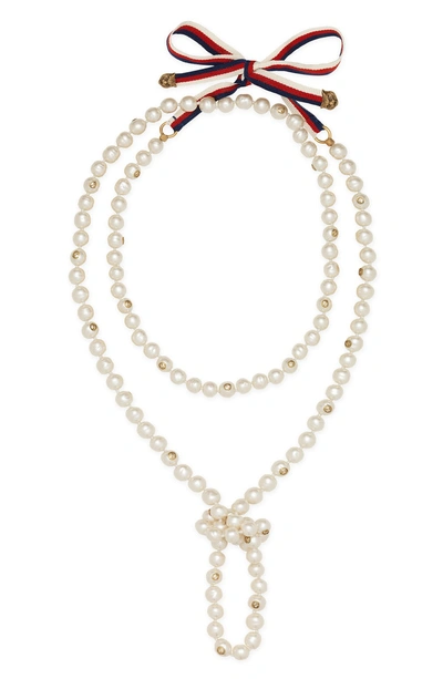 Shop Gucci Long Imitation Pearl Necklace In White
