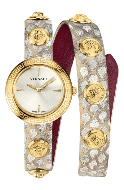 Shop Versace Medusa Stud Icon Leather Strap Watch, 28mm In Grey/ Gold