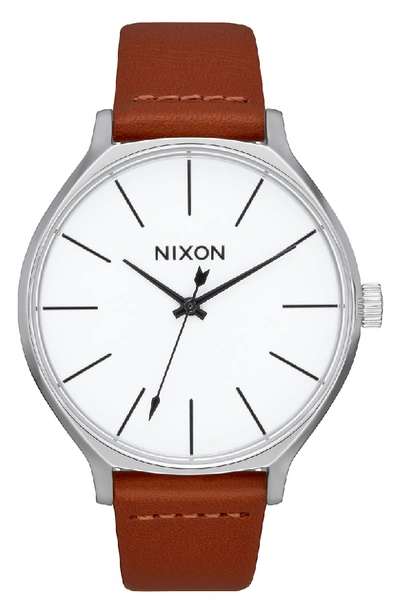Shop Nixon The Clique Leather Strap Watch, 38mm In Brown/ White/ Silver