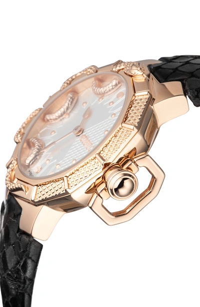 Shop Roberto Cavalli By Franck Muller Serpente Geometrico Leather Strap Watch, 34mm In Black/ Silver / Rose Gold