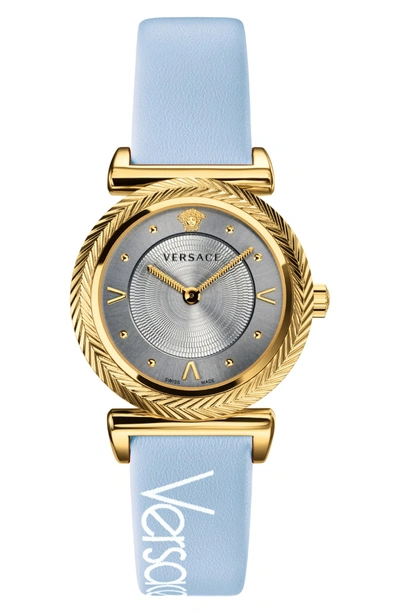 Shop Versace V Motif Leather Strap Watch, 35mm In Blue/ Gold