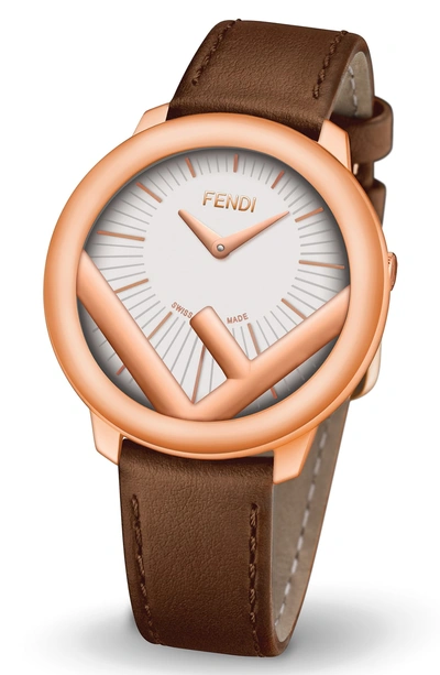 Shop Fendi Run Away Leather Strap Watch, 28mm In Brown/ White/ Rose Gold