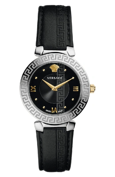 Shop Versace Daphnis Leather Strap Watch, 35mm In Black/ Silver
