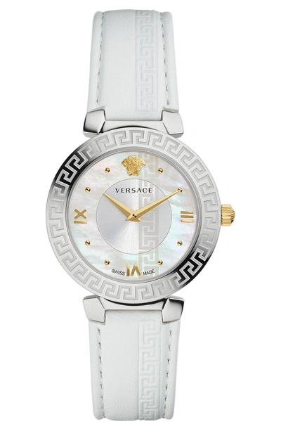 Shop Versace Daphnis Leather Strap Watch, 35mm In White/ Mop/ Silver