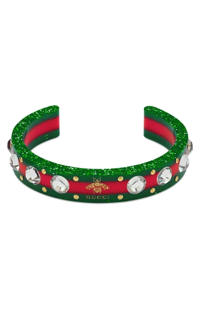 Shop Gucci Crystal & Stud Stripe Cuff In Green/ Red