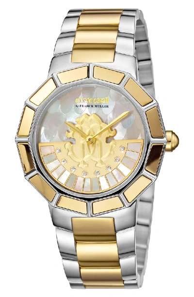 Shop Roberto Cavalli By Franck Muller Rotating Dial Bracelet Watch, 37mm In Silver/ White Mop/ Gold