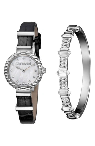 Shop Roberto Cavalli By Franck Muller Scala Diamond Leather Strap Watch, 26mm In Black/ White Mop/ Silver