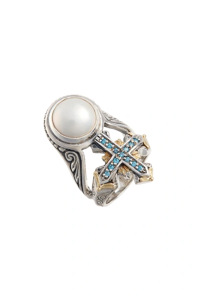 Shop Konstantino Thalia Blue Cross Pearl Ring In Silver/ Pearl