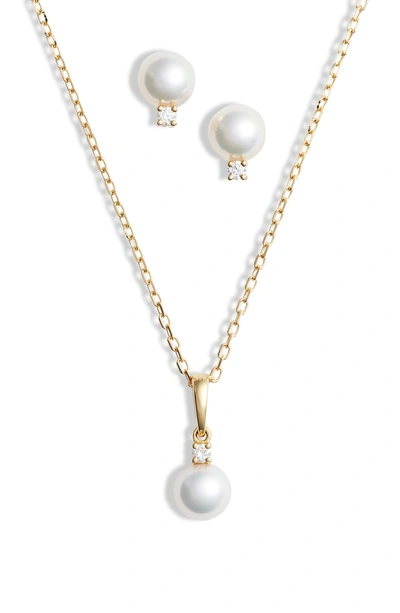 Shop Mikimoto Everyday Essentials 18k Pearl Necklace And Stud Earrings Set In Yellow Gold/ Pearl