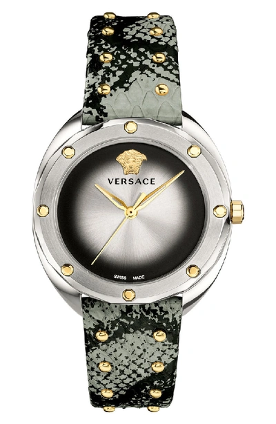 Shop Versace Shadov Snakeskin Leather Strap Watch, 38mm In Grey/ Silver