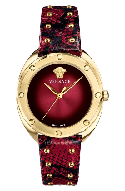 Shop Versace Shadov Snakeskin Leather Strap Watch, 38mm In Red/ Silver