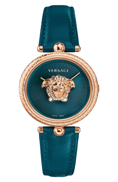 Shop Versace Palazzo Empire Leather Strap Watch, 34mm In Teal/ Rose Gold