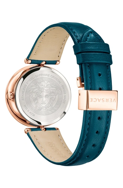 Shop Versace Palazzo Empire Leather Strap Watch, 34mm In Teal/ Rose Gold