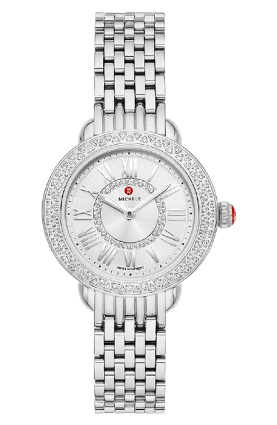 Shop Michele Serein Diamond Bracelet Watch, 28mm In Silver
