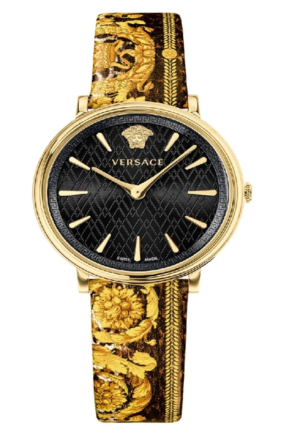 Shop Versace Tribute Collection Leather Strap Watch, 38mm In Black/ Gold