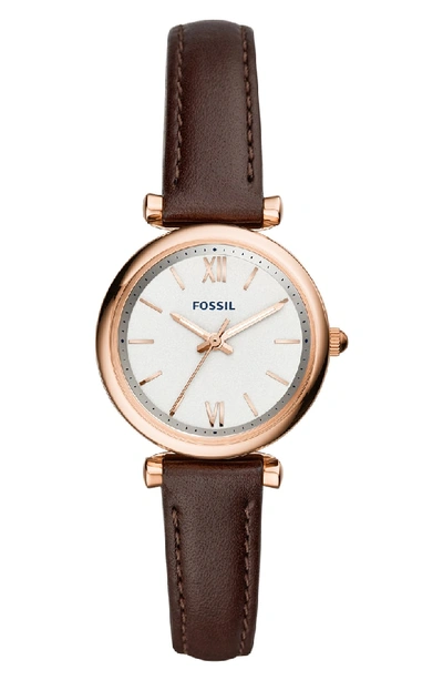 Shop Fossil Carlie Leather Strap Watch, 28mm In Brown/ White/ Rose Gold