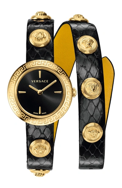 Shop Versace Medusa Stud Icon Leather Strap Watch, 28mm In Black/ Gold